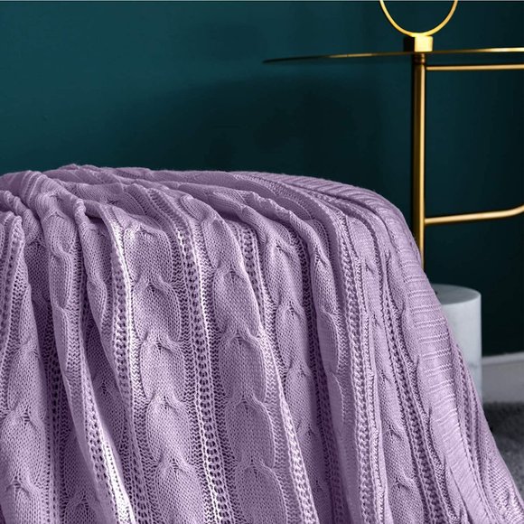 LIlac Purple Cozy Knit Cable Knit Weave Pattern Decorative Bed Accent Blanket - Picture 8 of 9